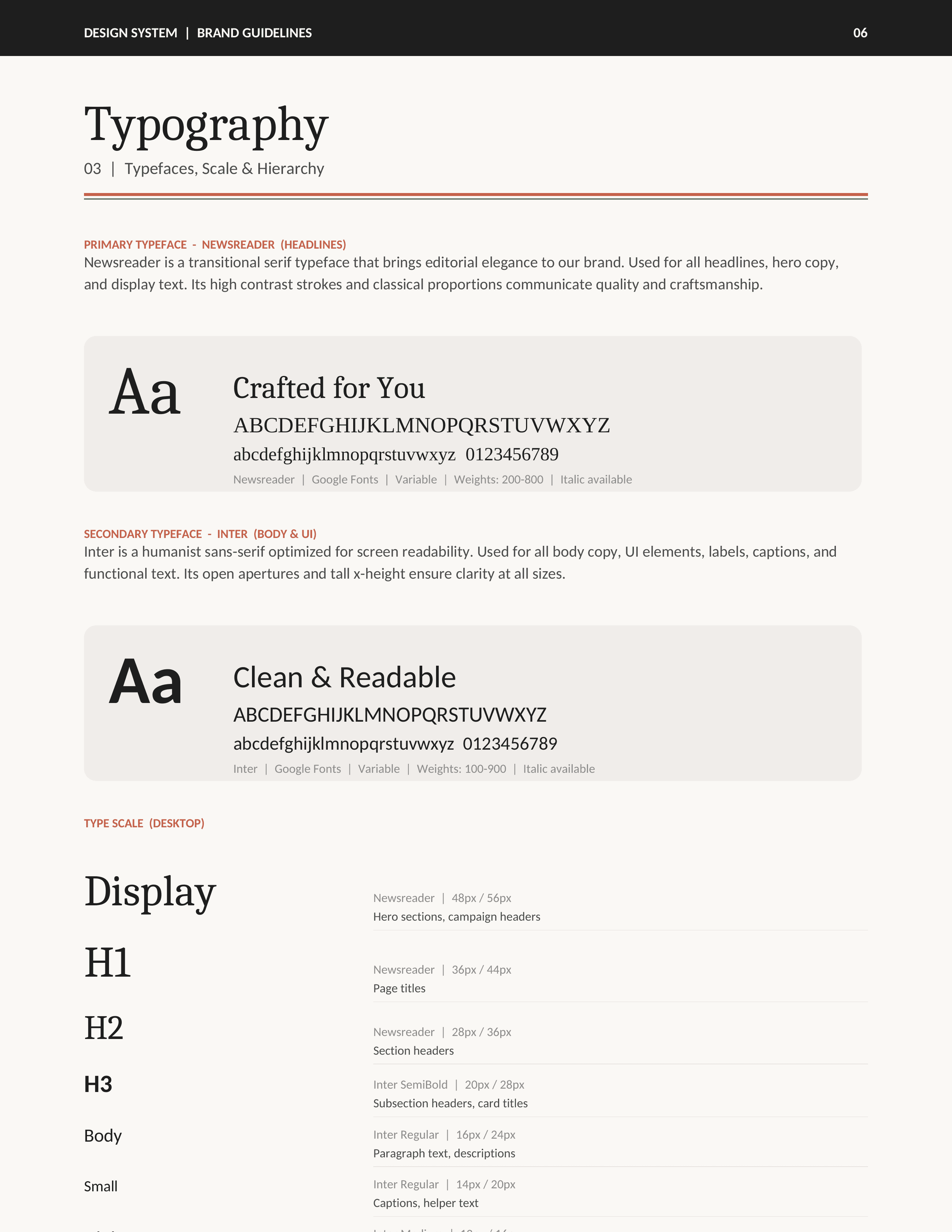 Typography specification showing Newsreader serif and Inter sans-serif font pairings with full type scale